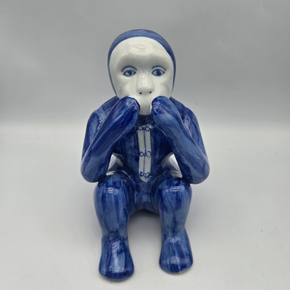 Vintage Porcelain Monkey Speak No Evil Figurine Blue White Chinoiserie  7"  Tall